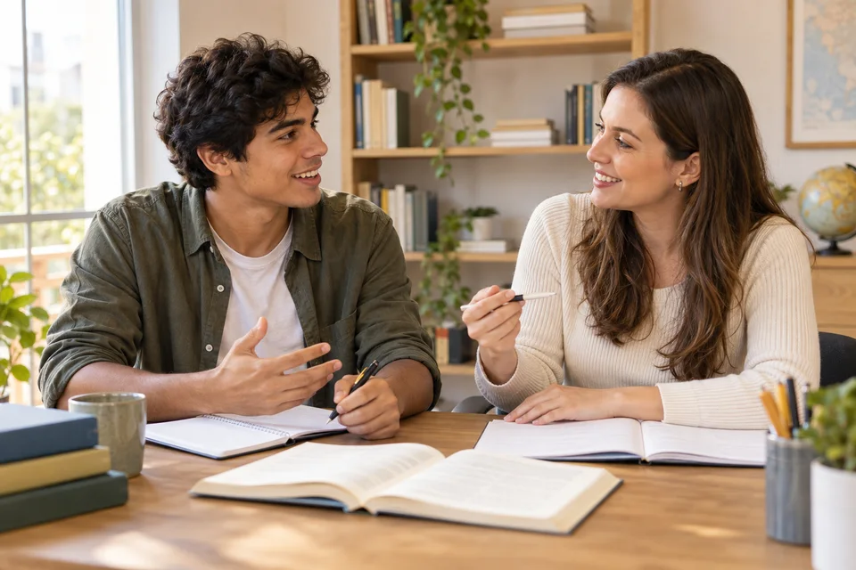 Cena ilustrativa de estudante e tutora conversando durante preparação de inglês