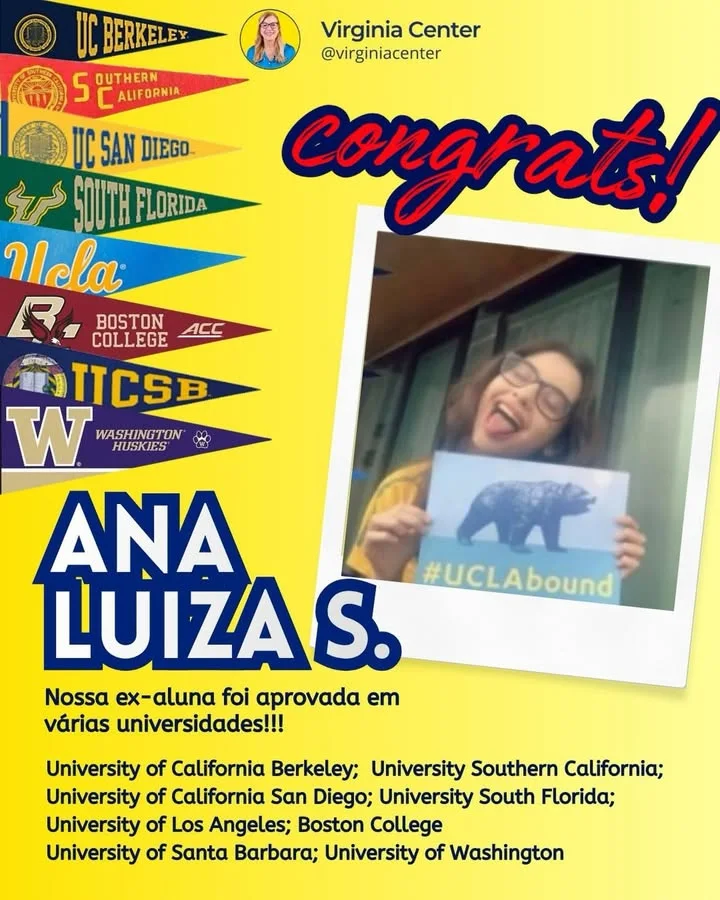 Publicação de aprovação de Ana Luiza S., com sua foto segurando uma placa da UCLA