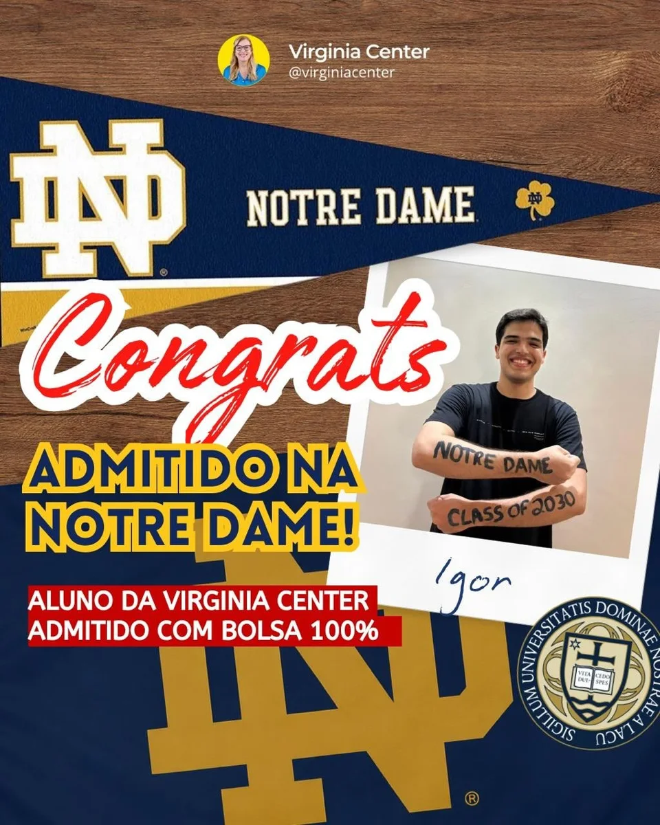 Foto de Igor em publicação da escola celebrando sua admissão na Notre Dame com bolsa de 100%