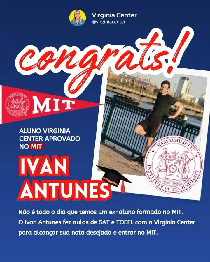 Publicação da Virginia Center com foto de Ivan Antunes e sua aprovação no MIT