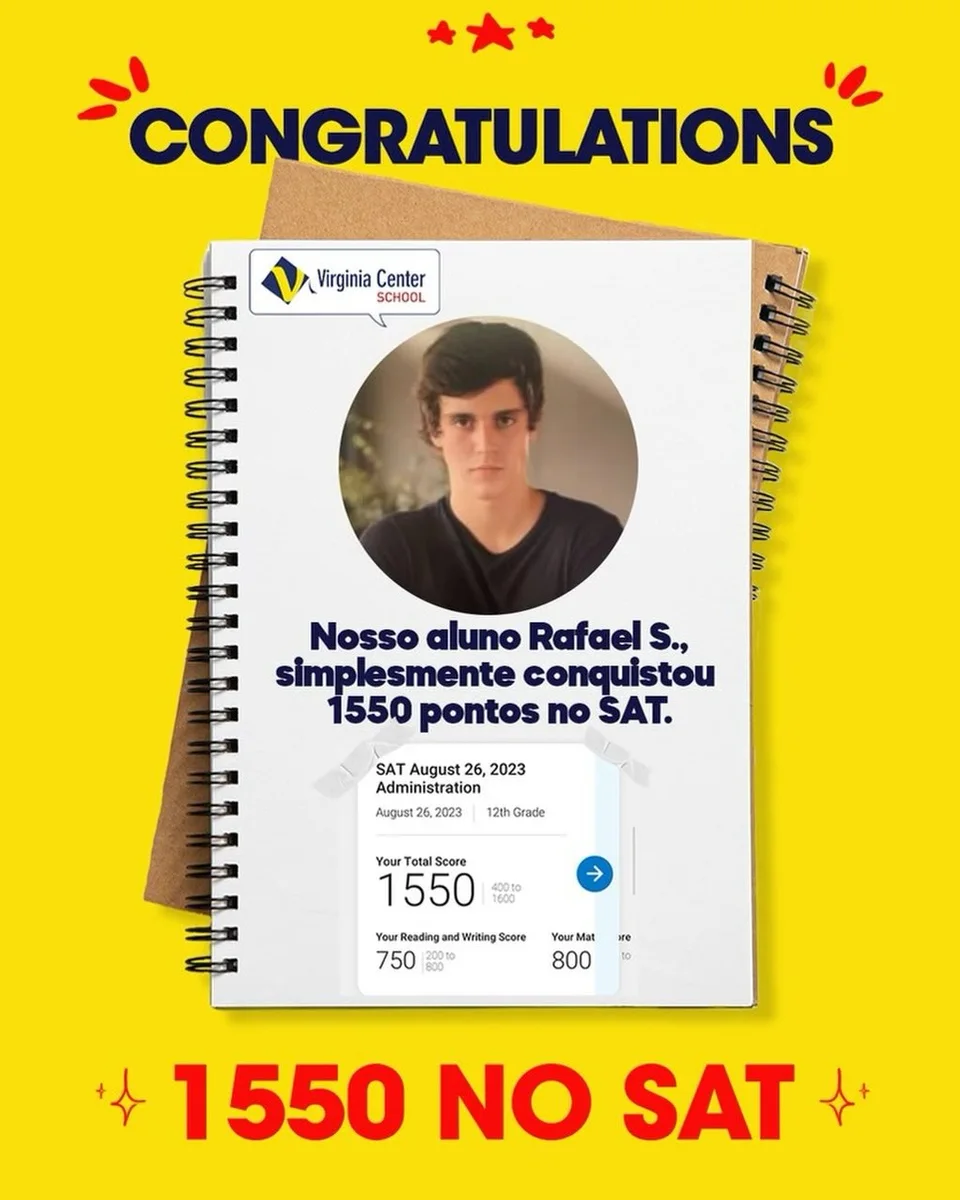 Rafael em publicação da Virginia Center School sobre seu resultado de 1550 no SAT