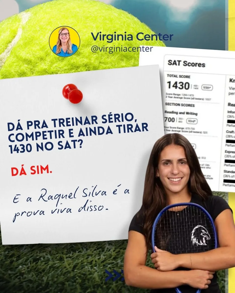Raquel Silva com sua raquete e o resultado de 1430 pontos no SAT em publicação da Virginia Center